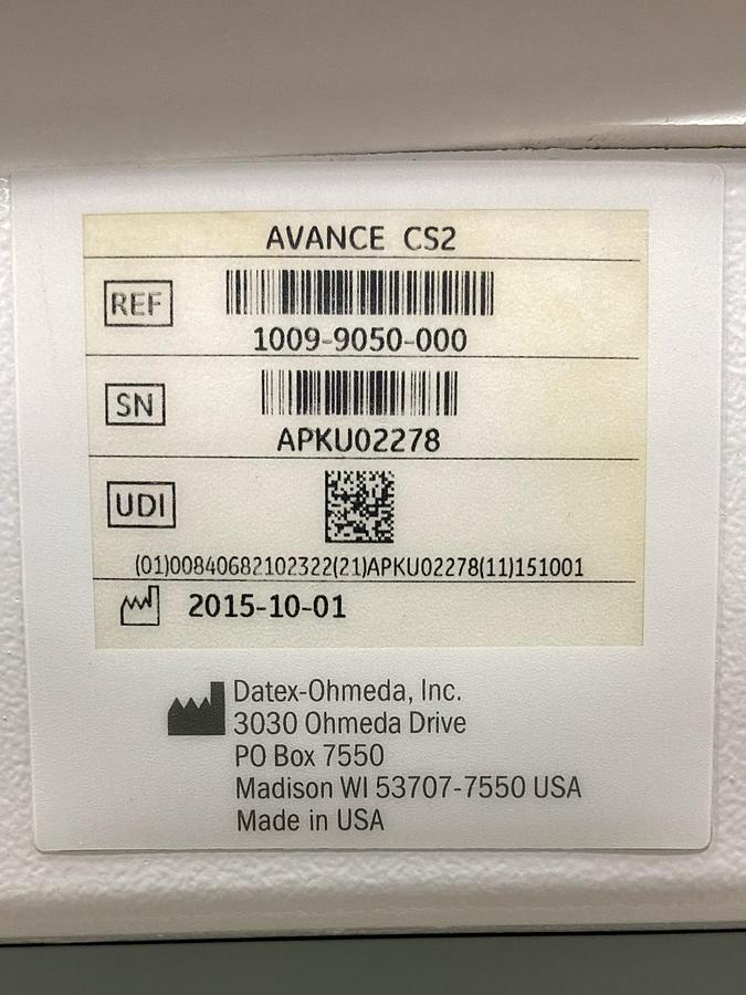 Used GE Datex-Ohmeda Avance CS2 YOM: 2015