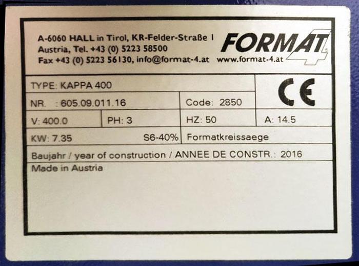 Used FORMAT4 Kappa 400 x-motion sliding table saw