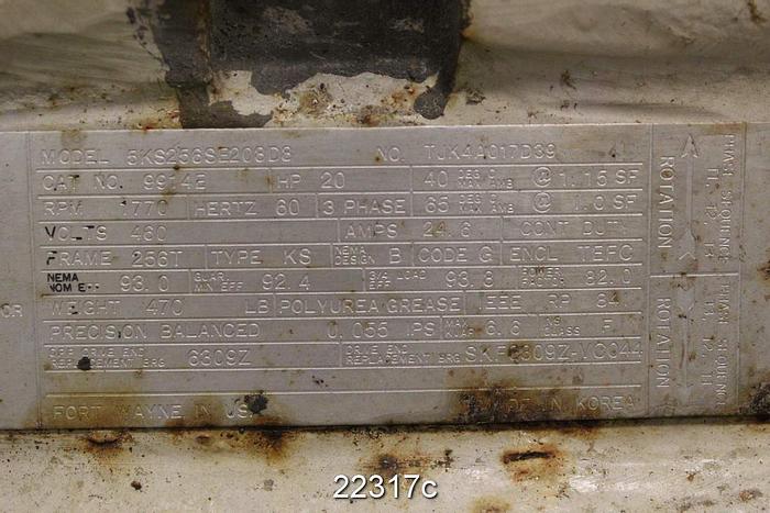 Used General Electric 5KS256SE208D8 Motor, 20 Hp, 1770 Rpm, 460 Volt, 256T Frame, 24.6 Amp, Type: Ks, 1.15 S.F., 3-Phase, 60 Hz, Tefc #22317