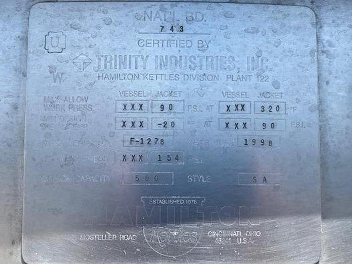 Used 500 Gallon  Stainless Steel Jacketed Mixing Steam Kettle