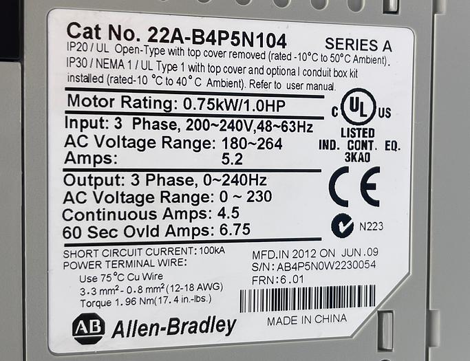 Used Allen-Bradley 22A-B4P5N104 Ser A 22-RF9P5-AS