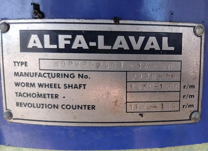 Used Centrifuge, Alfa-Laval, Mdl MOPX207SGT, Oil Separator, 20 HP #C744517