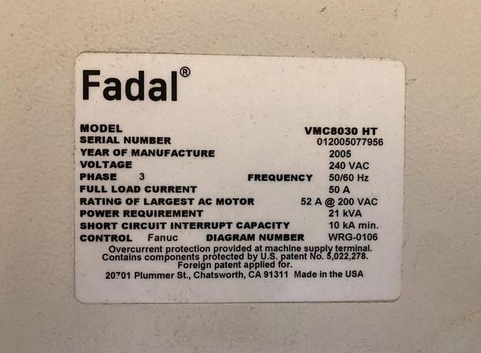 Used 2005 FADAL VMC-8030HT CNC Vertical Machining Center with Fanuc 18i-MB5 CNC Control