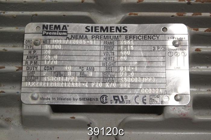 Used Siemens 20 HP AC Motor, 1770 RPM, 460 Volts, 256T Frame, SD100 #39120