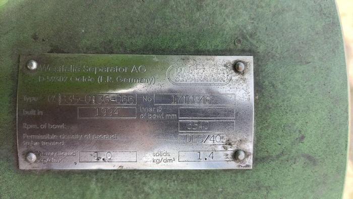 Used Centrifuge, Westfalia, Mdl OSB35, Oil Separator, 20 HP #C7444516