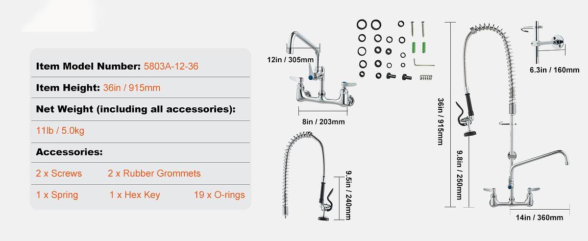 36" Commercial Pre-Rinse Faucet Wall Mount Kitchen Sink Faucet w/ Sprayer - brand new