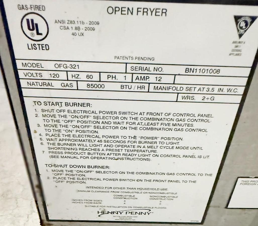 Used Open Fryer | Henny Penny | Model OFG 321 | 120 Volt / NG