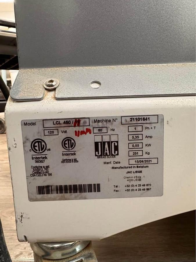 Used JAC Machines Chute 450 ETL Commercial Bread Slicer – Gravity‑Fed Loaf Slicer