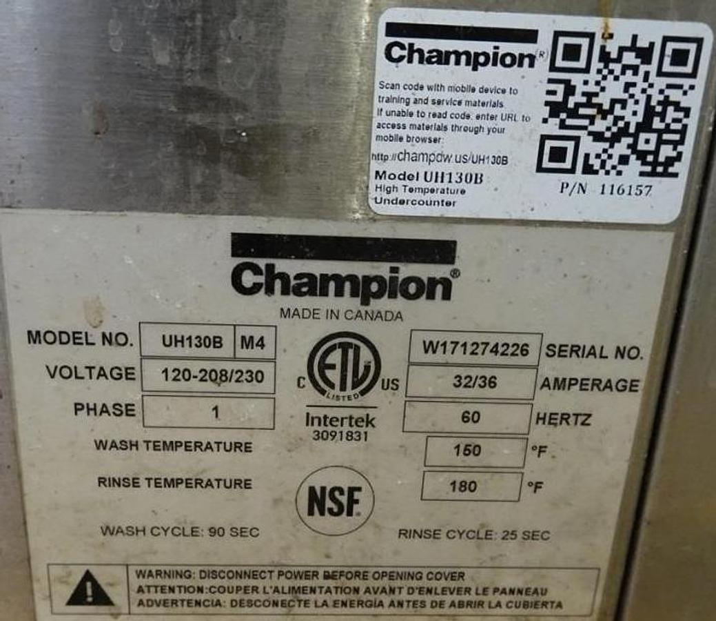 Used CHAMPION UH130B - HI TEMP DISHWASHER