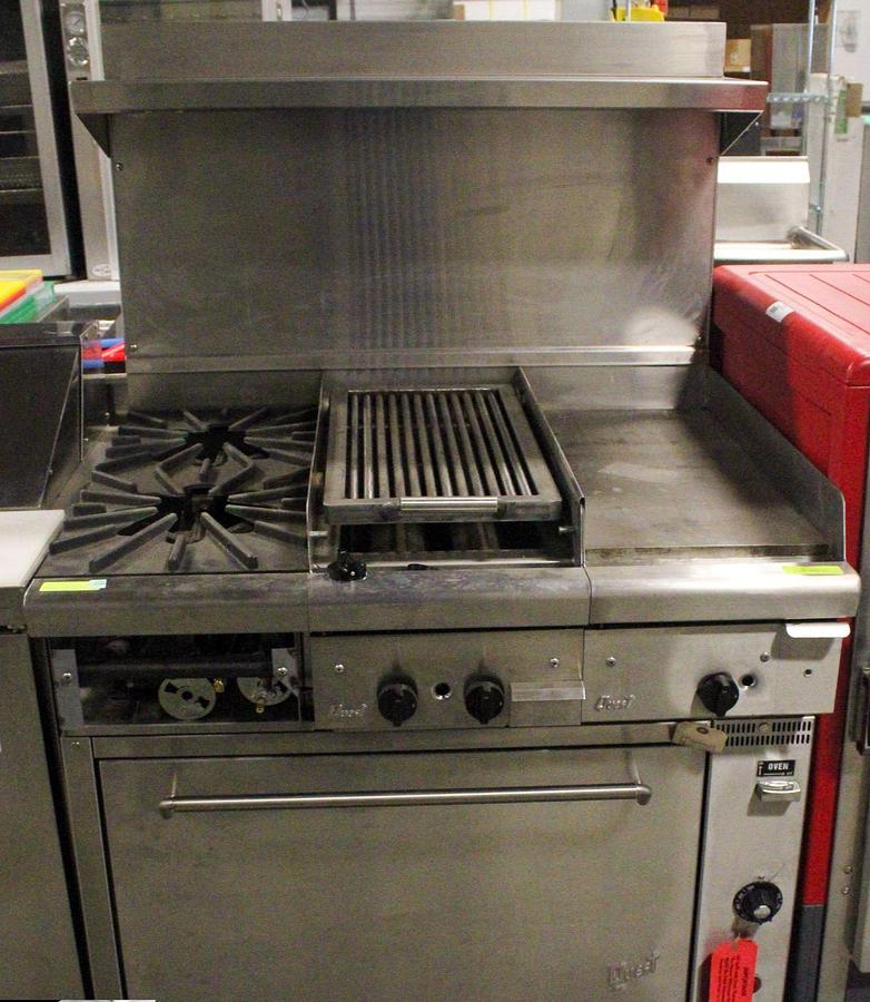 Used QUEST NATURAL GAS CONVECTION OVEN  RANGE W/ 2 BURNERS, 12" GRIDDLE, 12" CHAR BROILER -top of the line - very rare unit
