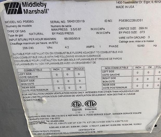 Used 2019 Middleby Marshall PS638G gas conveyor oven