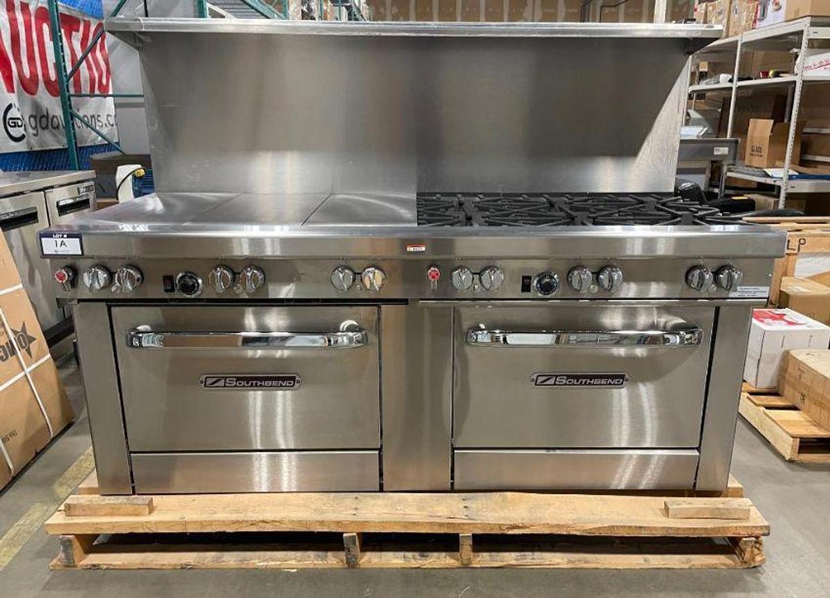 Used NEW SOUTHBEND GAS ULTIMATE RANGE 36" GRIDDLE & 6 - DOUBLE CONVECTION OVENS