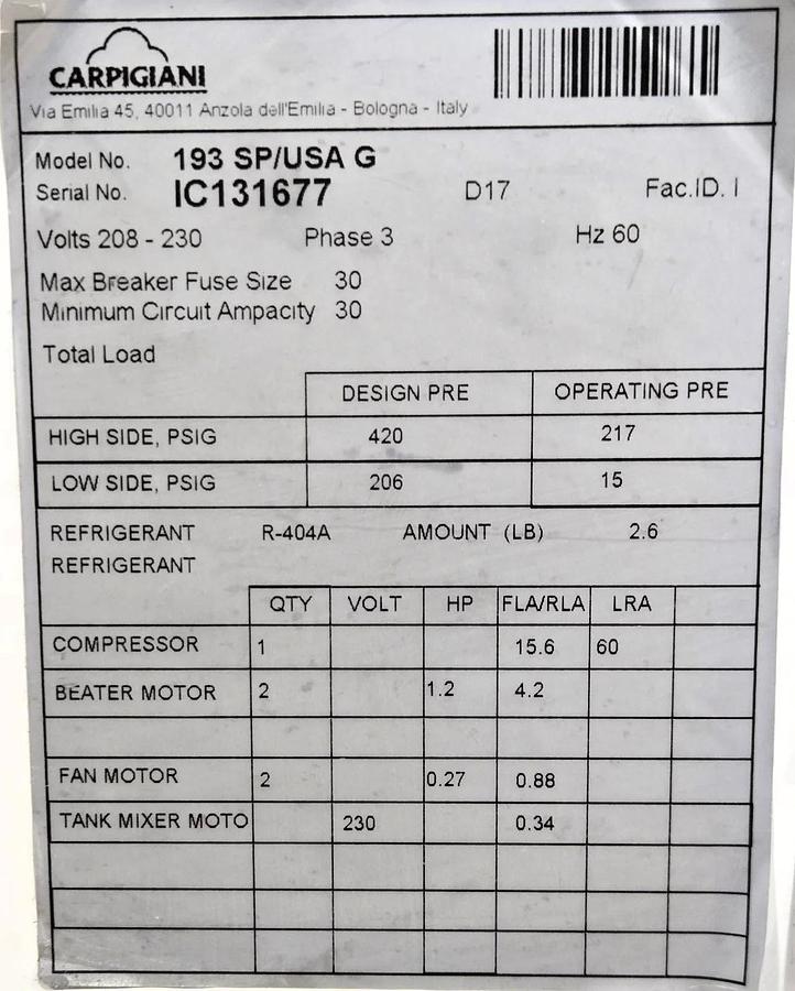 Used Carpigiani 193 SP/USA G Soft Serve Ice Cream Machine