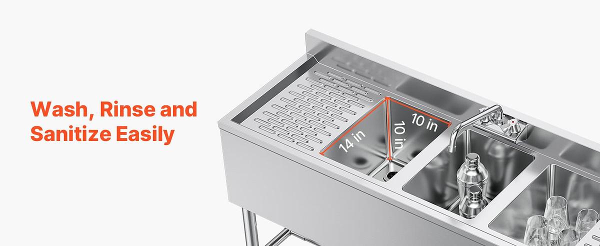 Used 3 Compartment Stainless Steel Sink for Commercial Kitchen, 60" Under Bar