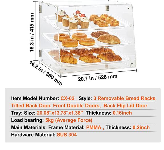 Used Pastry Display Case, 3-Tier Commercial Countertop Bakery Acrylic Display Case - 20.7" wide