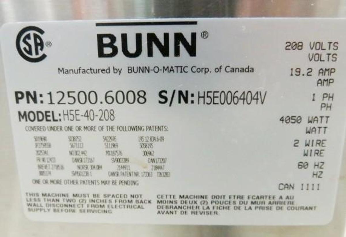 Used Bunn Hot Water Dispenser -Model H5E-40-208 - plumbed in 