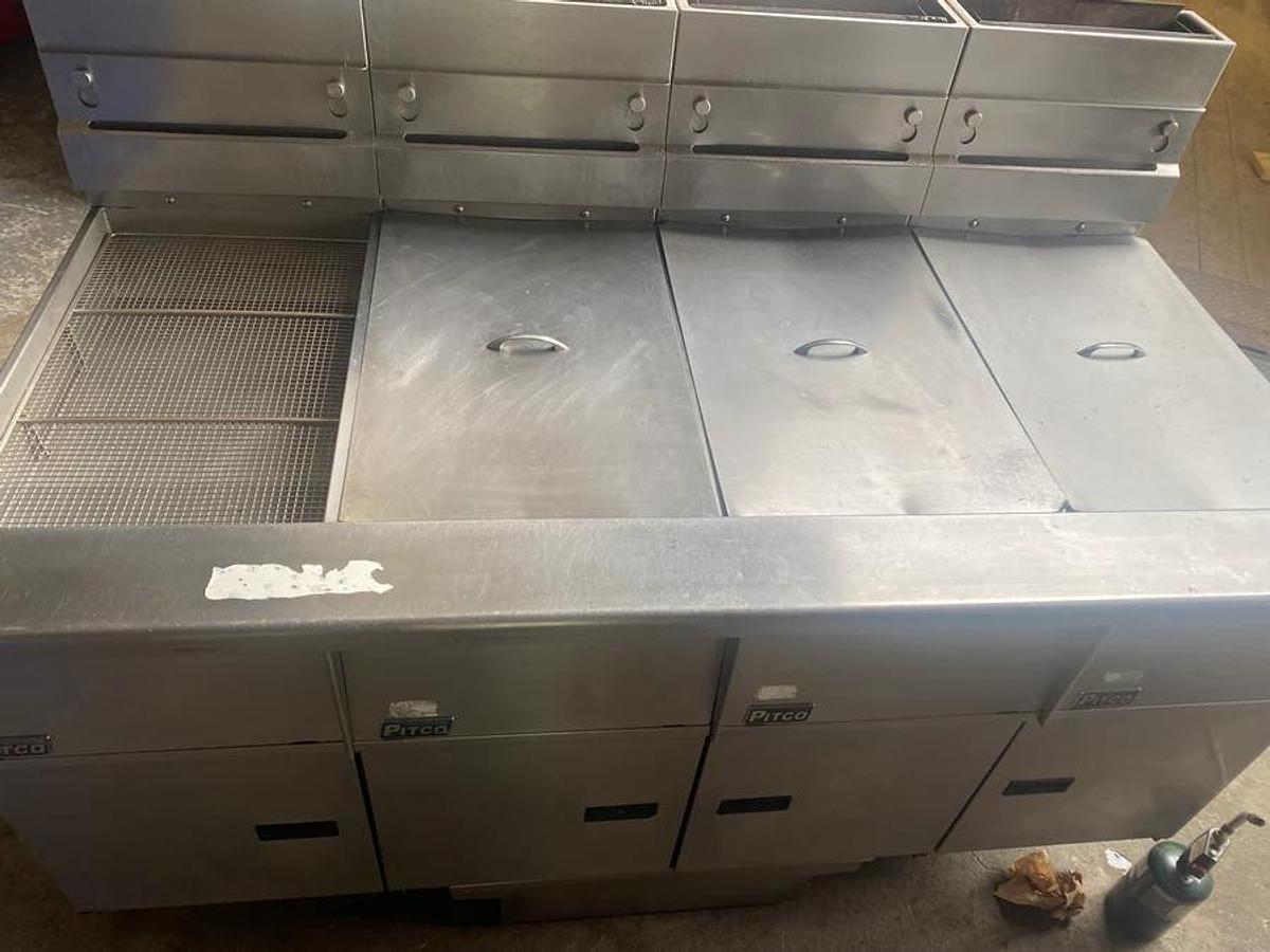 Used Pitco SG14-JS Three Compartment Gas Fryer with Dump Station and Filtration