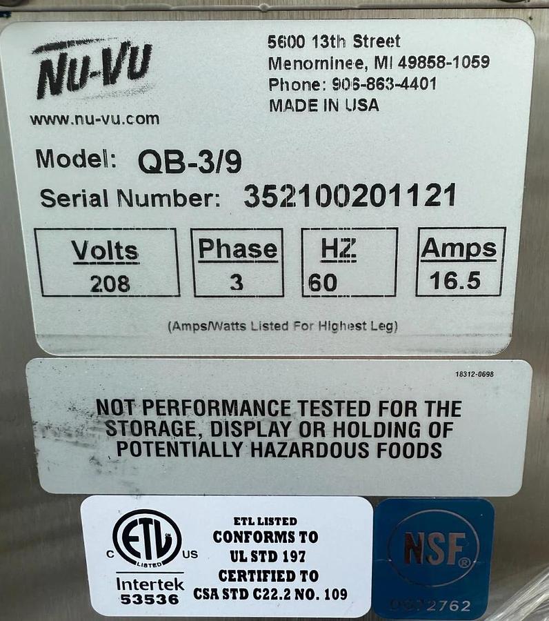 Used NU-VU QB-3/9 Electric Proofer Heated Oven Double Stack Merchandiser on Casters - LIKE  NEW CLEARANCE ITEM