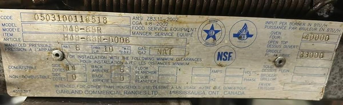 Used Garland Master Series Heavy Duty Gas Range with Griddle and 2 Ovens