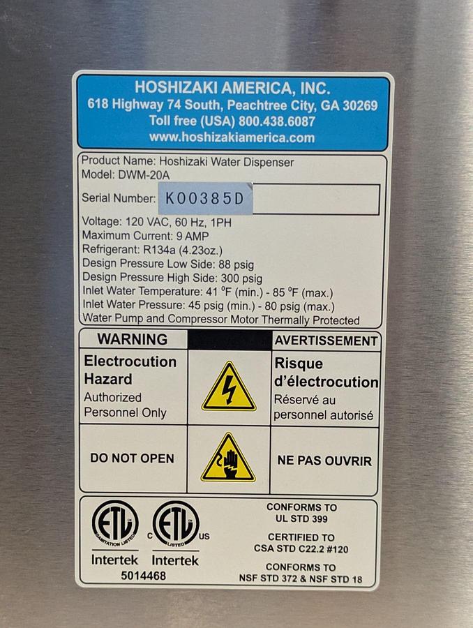 Used Hoshizaki DWM-20A Chilled/Alkaline/Hot & Sparkling Water Dispenser - 