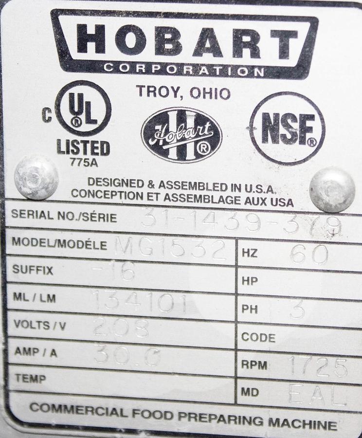 Used HOBART MG1532 MEAT MIXER / GRINDER - REFURBHISED