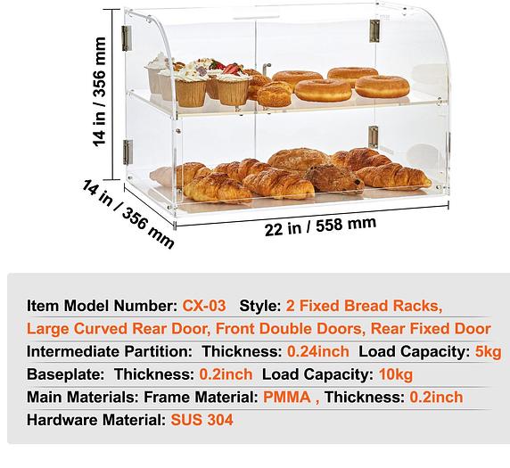 Curved Euro Style Pastry Acrylic Display Case, 2-Tier Commercial Countertop 22" wide