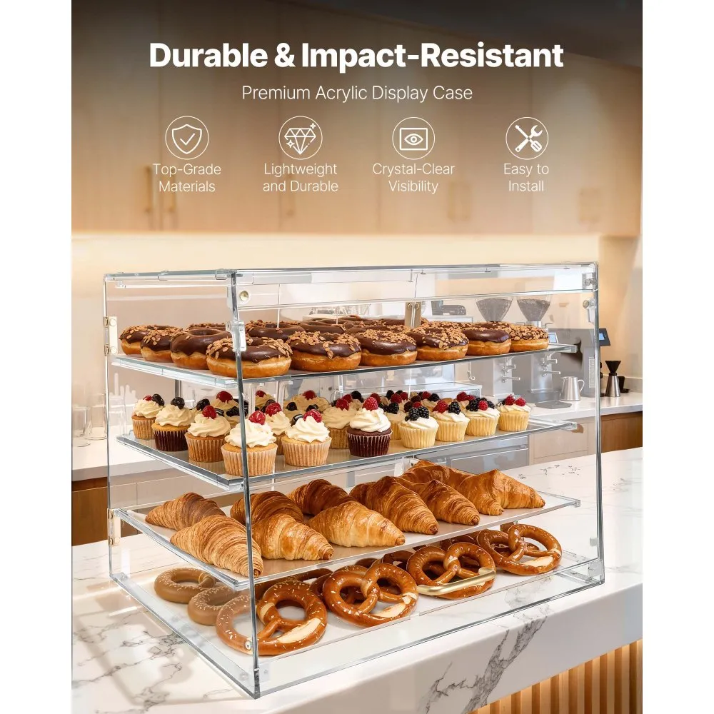 Bakery Display Case, 4-Tier Commercial Countertop Pastry Display Case, Clear Acrylic Bread Box for Kitchen, Party Cake Cabinet with Magnetic Rear Door for Cookie Dessert Donut, 20.9"x17.1"x16.3"