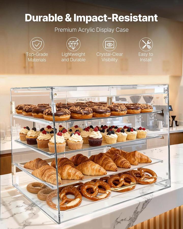 Bakery Display Case, 4-Tier Commercial Countertop Pastry Display Case, Clear Acrylic Bread Box for Kitchen, Party Cake Cabinet with Magnetic Rear Door for Cookie Dessert Donut, 20.9"x17.1"x16.3"
