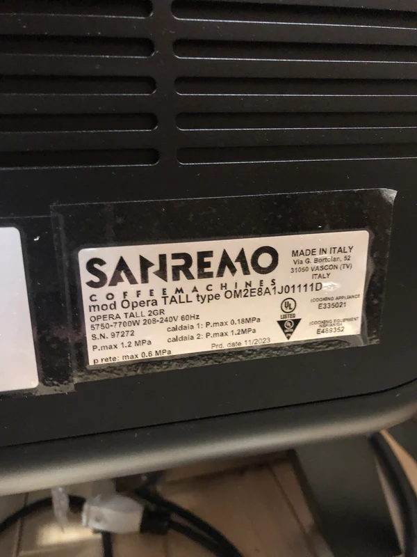 Used Sanremo Opera 2.0 Tall Espresso Machine -warranty