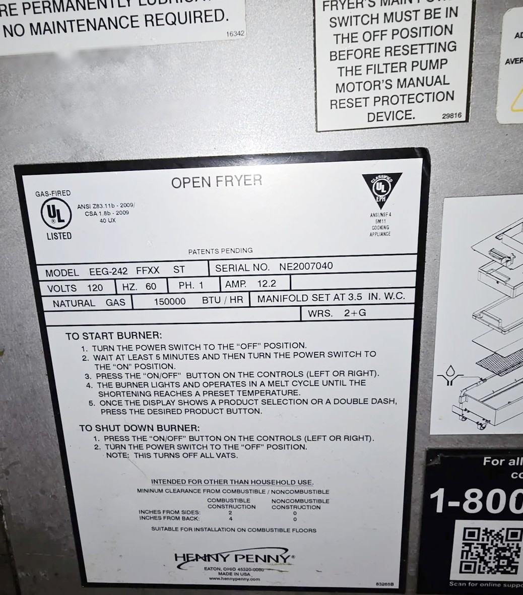 Used Double Fryer | Henny Penny | Model # EEG-242 FFXX ST | NG / 120 Volt