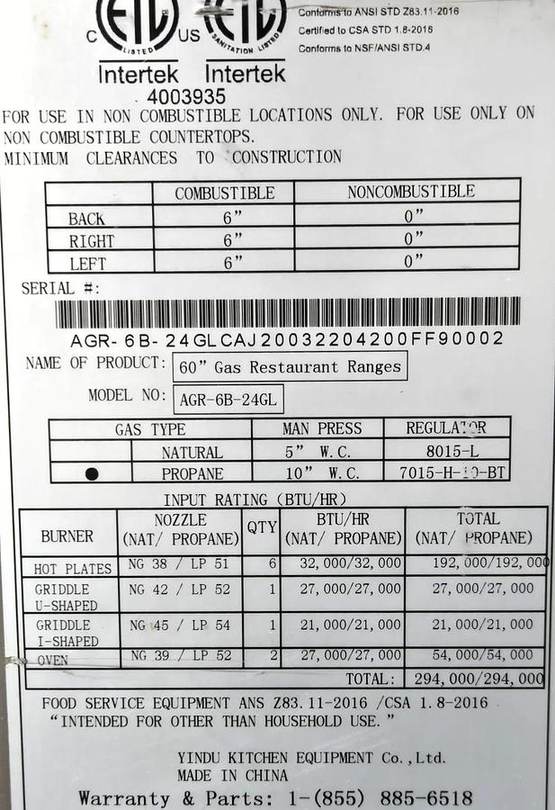 Used Atosa AGR-6B-24GL Range - 60 Inch - Propane - CAN CONVERT TO NATURAL GAS - WARRANTY