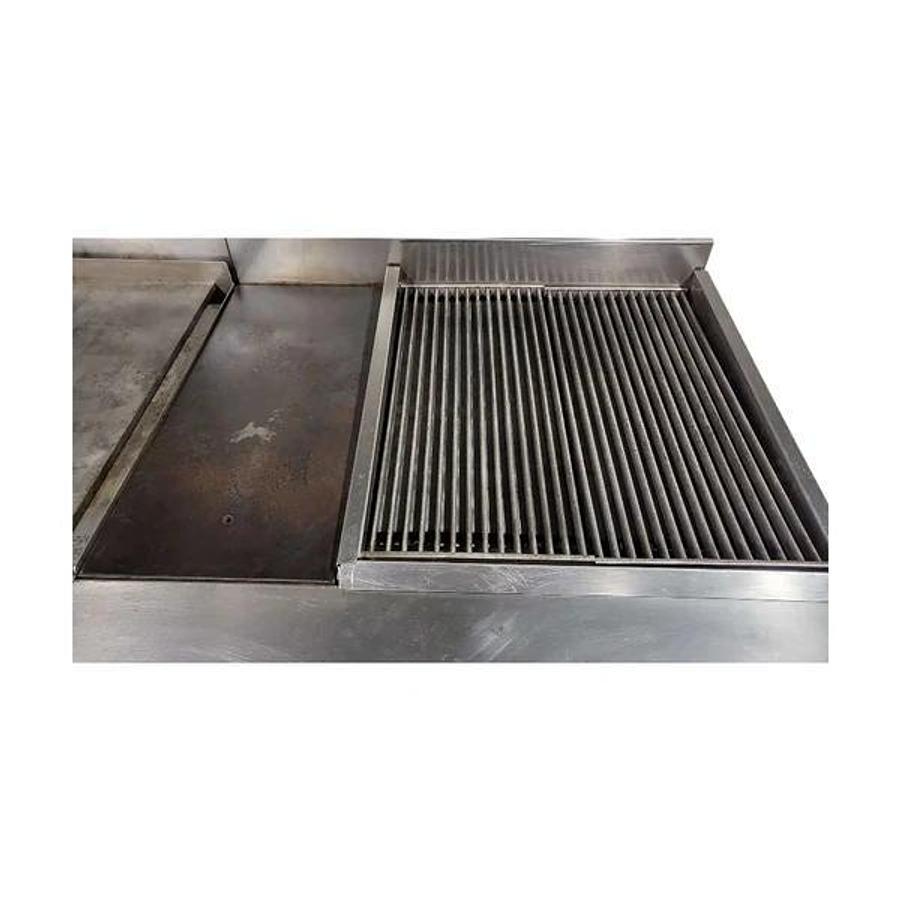 Used Vulcan VC0136-500 Custom Range: 6 Burners / 15-in Griddle / 12-in Hotplate / 24-in Char / Double Oven
