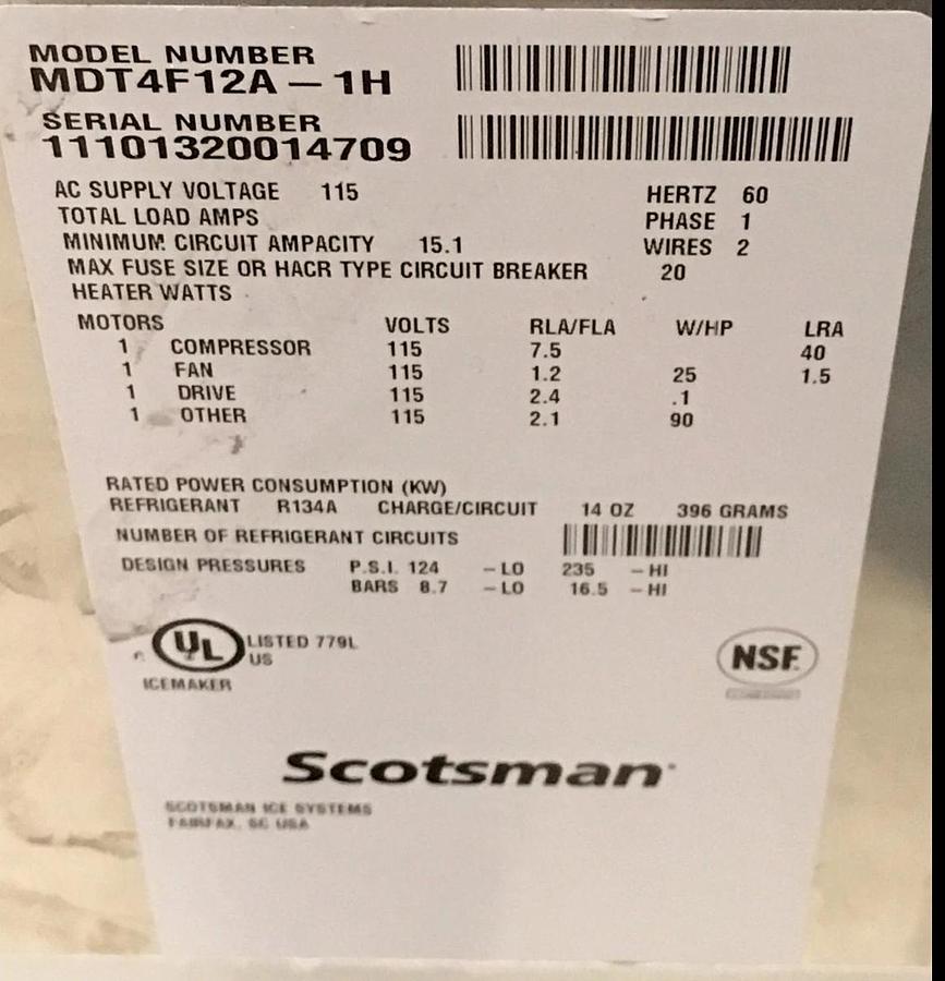 Used Scotsman MDT4F12A-1H TouchFree Ice & Water Dispenser PSi 124 Low 235 High