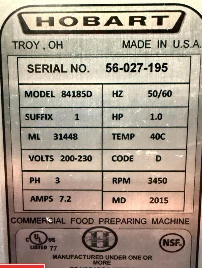 Used Hobart 1 HP Bowl Chopper, Model: 84185D