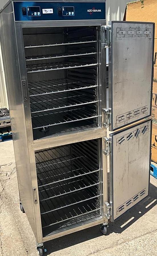 Used Alto Shaam heated food warmer cabinet on casters