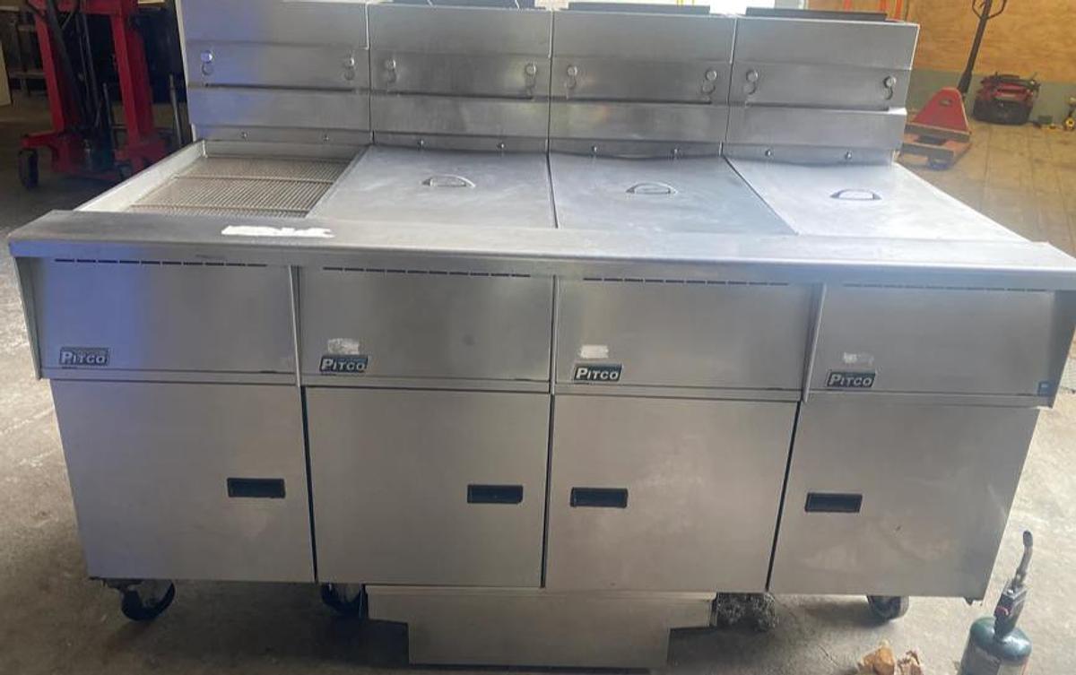 Used Pitco SG14-JS Three Compartment Gas Fryer with Dump Station and Filtration