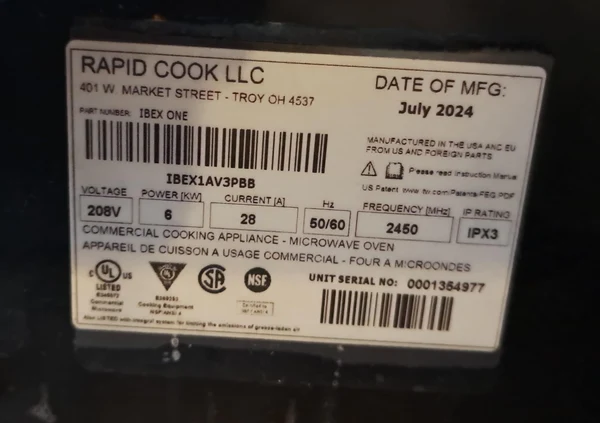Used Rapid Cook IBEX1AV3PBB Solid State Radio Frequency Oven