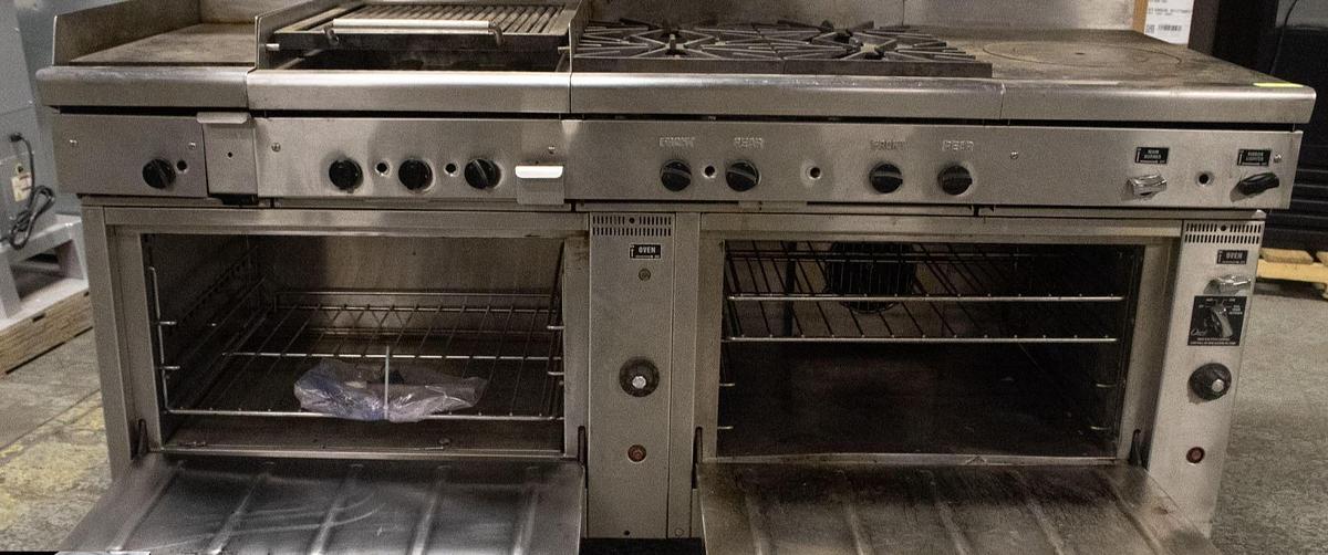 Used QUEST COMBINATION RANGE W/ GRILL, GRIDDLE, CHAR BROILER - 1 CONVECTION OVEN - 1 REGULAR OVEN FRENCH TOP BURNERS - TOP OF THE LINE