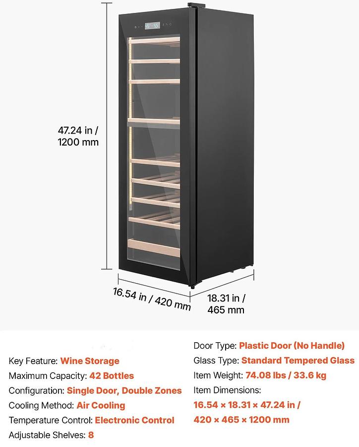Used 42 Bottle Wine Fridge, Freestanding Wine Cooler Refrigerator, Dual Zone Cooler, 41℉ to 65℉ Adjustable Temp Mini Cellar, Glass Door, For Home Office Bar, Red White Champagne or Sparkling Wines