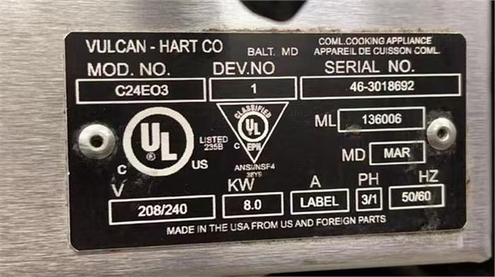 Used VULCAN STEAMER ELECTRIC COUNTER TOPMODEL # C24E03