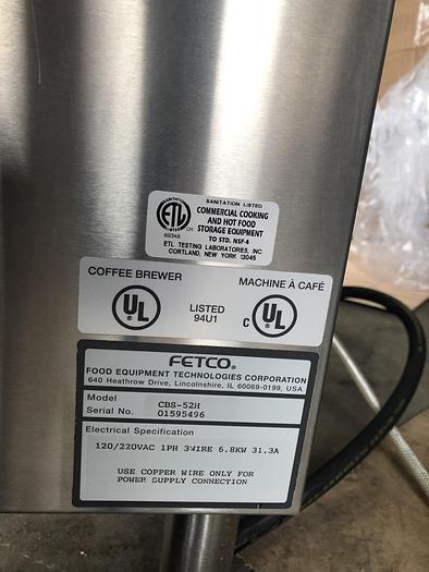 Used 1.5 GALLON BREWER FETCO CBS-52H w/ Thermal Dispensers