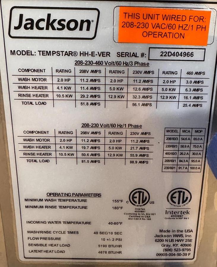 Used Brand new - Jackson TempStar HH-E Ventless High Hood Door Type Dishwasher