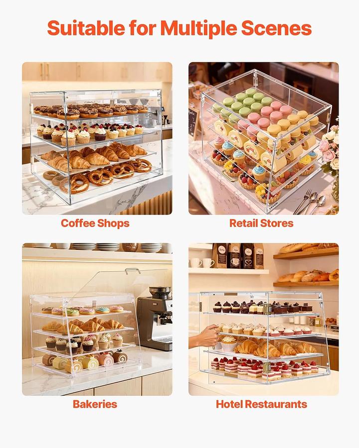 Bakery Display Case, 4-Tier Commercial Countertop Pastry Display Case, Clear Acrylic Bread Box for Kitchen, Party Cake Cabinet with Magnetic Rear Door for Cookie Dessert Donut, 20.9"x17.1"x16.3"