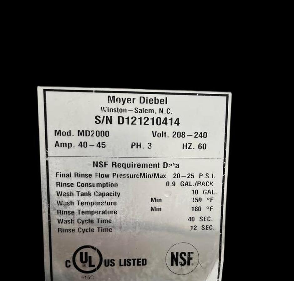 Used Moyer Diebel Upright Pass Thru Dishwasher -High Temp - Warranty