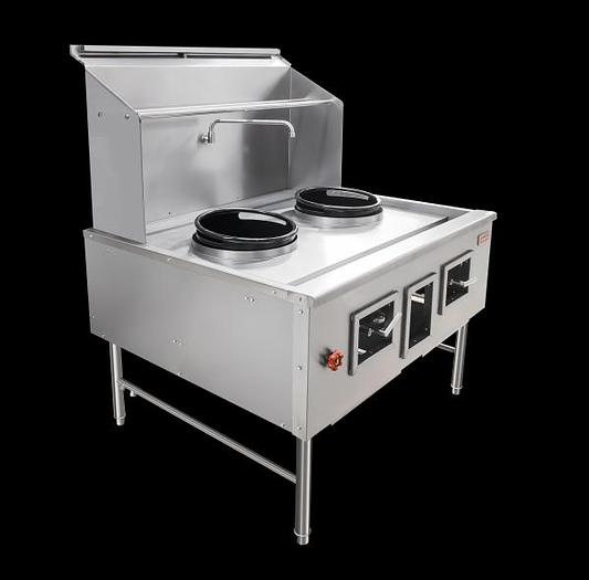 Two Chamber Wok Range with 2 x 13″ Rings, Backsplash, Faucet, 190,000 BTU – Natural Gas
