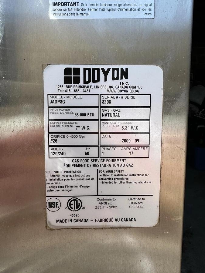Used Doyon JAOP8G natural gas oven and electric proofer below