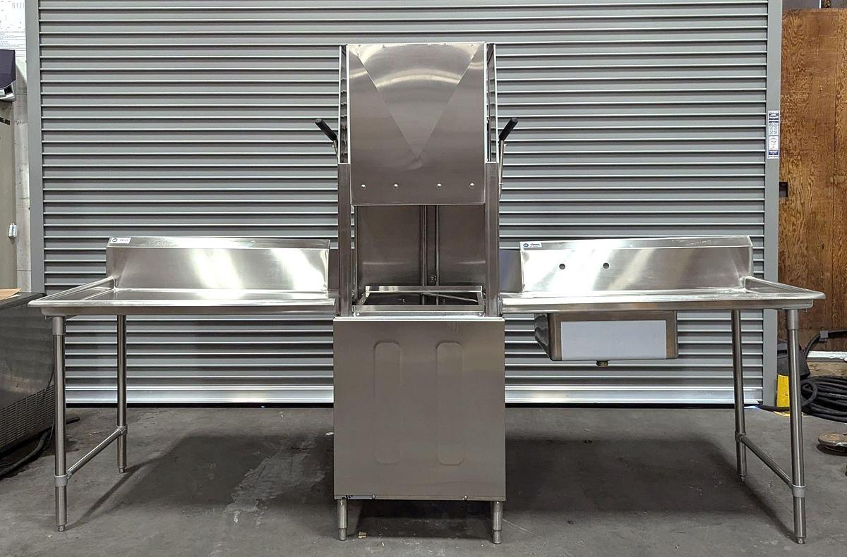 Used Moyer Diebel high temp pass thru dishwasher with tabling