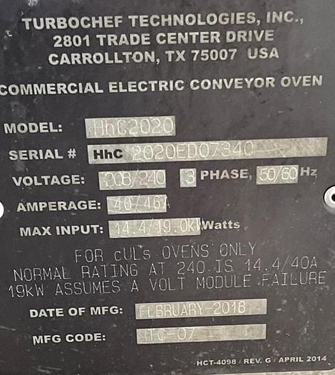 Refurbished Turbochef 2020 double stack conveyor oven