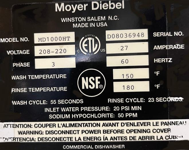Used Moyer Diebel Hi Temp Pass Thru Dishwasher