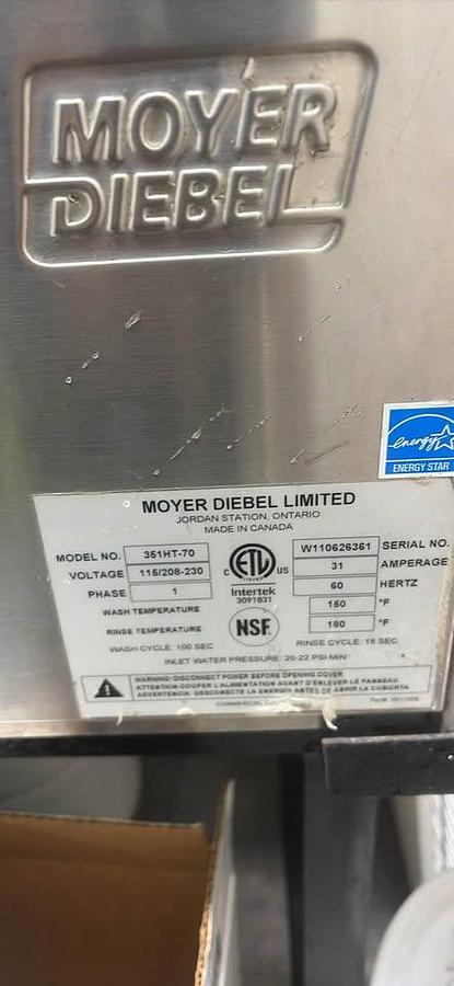 Used Moyer Diebel 351HT-70 Undercounter High Temp Commercial Dishwasher